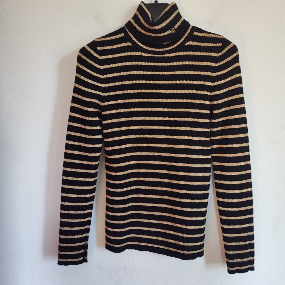 Ladies SZ PM Lauren Ralph Lauren  Black Stripe Turtleneck Sweater